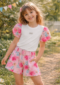 Set pink flowers met pofmouwtjes